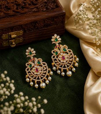gold plated cz chandbali earrings with green ruby stones & pearl drops   ethnic party wear for women 3