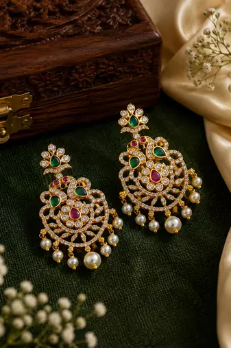 Gold plated cz chandbali earrings with green ruby stones & pearl drops | ethnic party wear for women