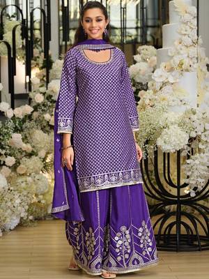 Women Ethnic Motifs Printed Regular Thread Work Kurta with Sharara & With Dupatta 1