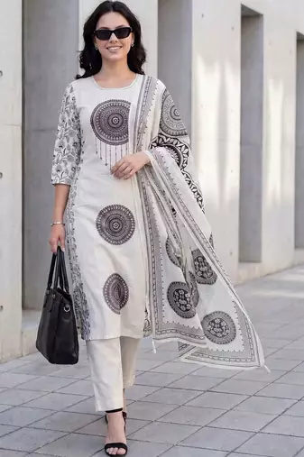 Women Ethnic Motifs Printed Regular Pure Cotton Kurta with Trousers & With Dupatta