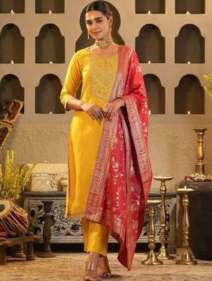 Women Ethnic Motifs Embroidered Regular Sequinned Kurta with Trousers & With Dupatta 4