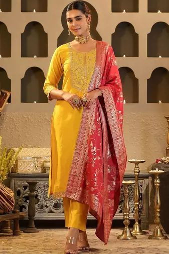 Women Ethnic Motifs Embroidered Regular Sequinned Kurta with Trousers & With Dupatta