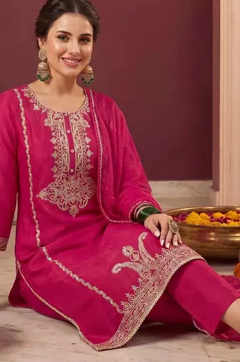 Women Ethnic Motifs Embroidered Regular Thread Work Kurta with Trousers & With Dupatta