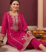 Women Ethnic Motifs Embroidered Regular Thread Work Kurta with Trousers & With Dupatta