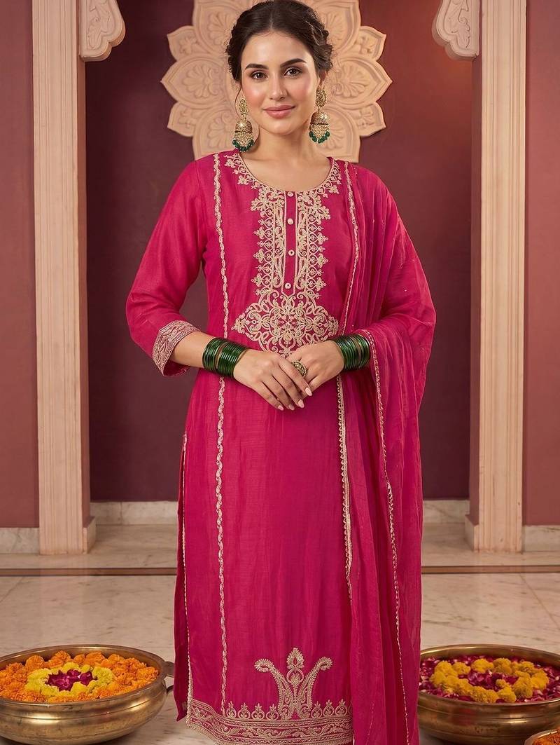 Women Ethnic Motifs Embroidered Regular Thread Work Kurta with Trousers & With Dupatta