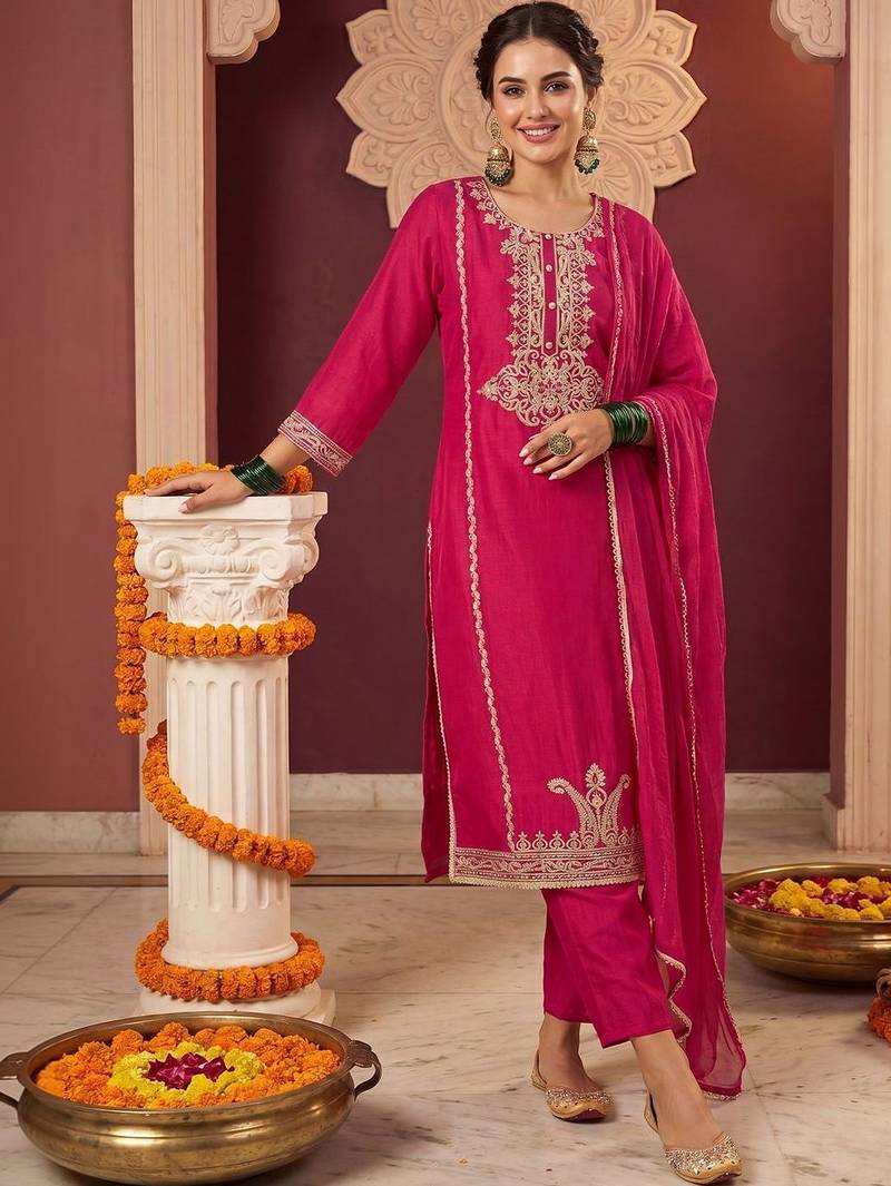 Women Ethnic Motifs Embroidered Regular Thread Work Kurta with Trousers & With Dupatta