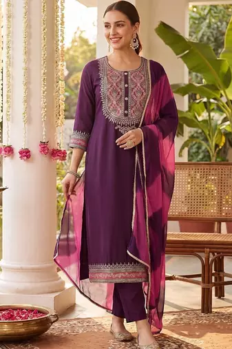 Women Ethnic Motifs Embroidered Regular Thread Work Kurta with Trousers & With Dupatta