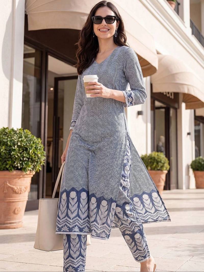 Women Printed Regular Pure Cotton Kurta with Trousers