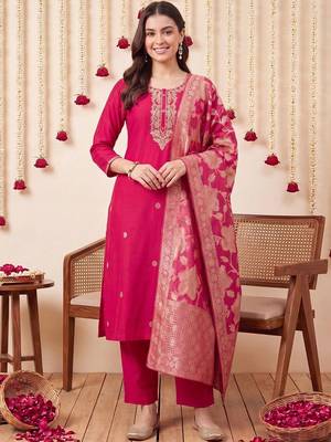 Women Ethnic Motifs Embroidered Regular Thread Work Kurta with Trousers & With Dupatta 1