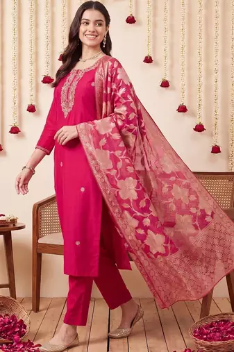 Women Ethnic Motifs Embroidered Regular Thread Work Kurta with Trousers & With Dupatta