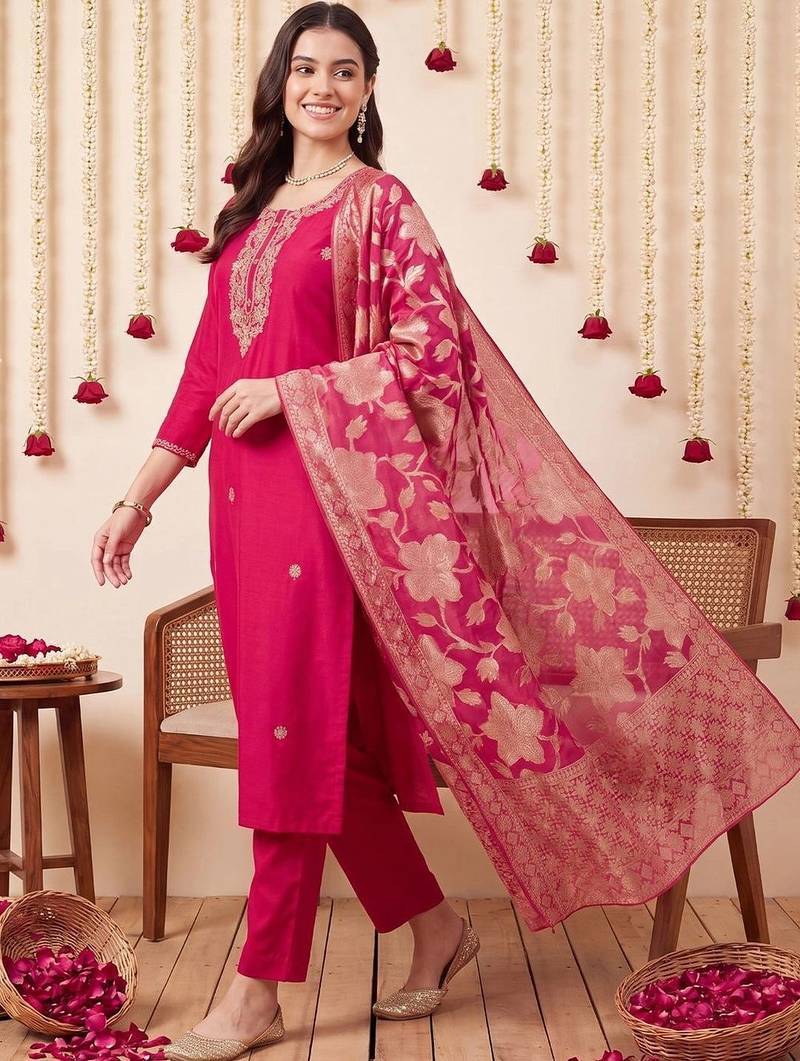 Women Ethnic Motifs Embroidered Regular Thread Work Kurta with Trousers & With Dupatta