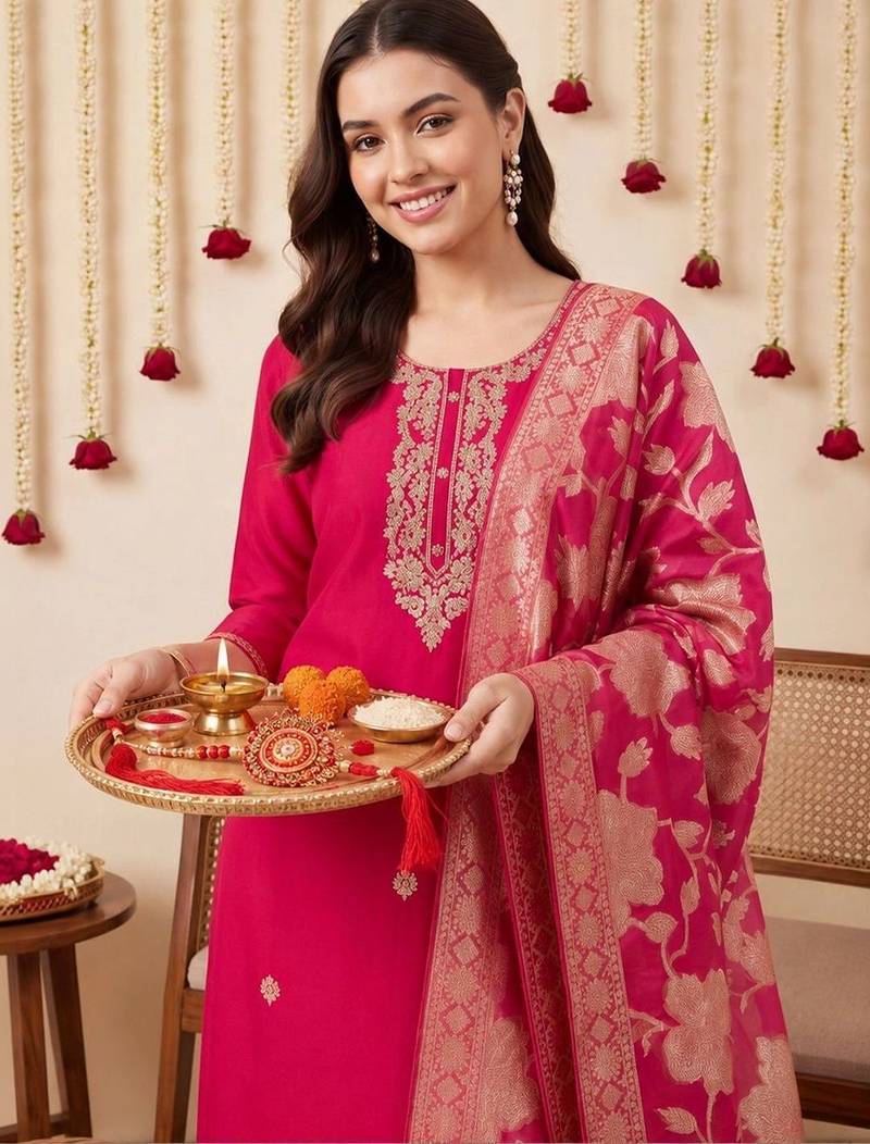 Women Ethnic Motifs Embroidered Regular Thread Work Kurta with Trousers & With Dupatta