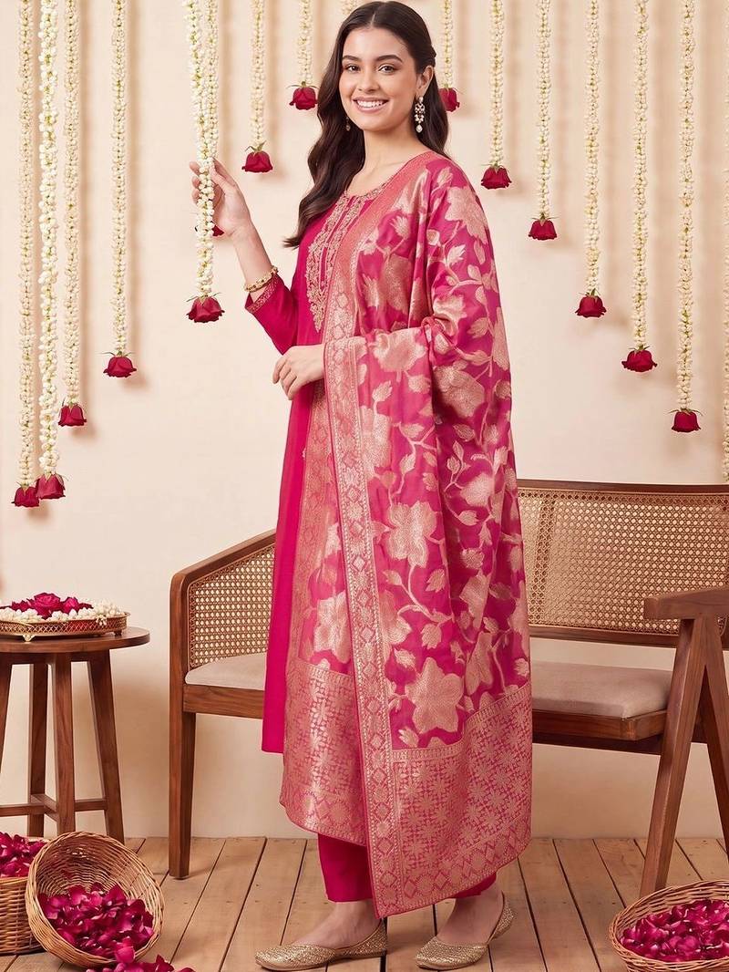 Women Ethnic Motifs Embroidered Regular Thread Work Kurta with Trousers & With Dupatta