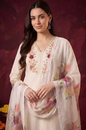 Women Floral Embroidered Regular Thread Work Kurta with Trousers & With Dupatta