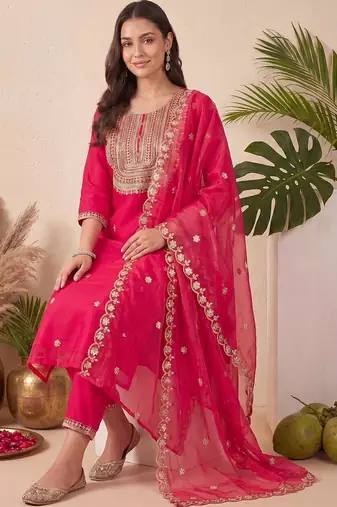 Women Ethnic Motifs Embroidered Regular Kurta with Trousers & With Dupatta