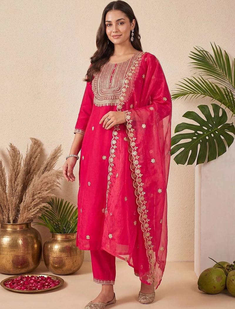 Women Ethnic Motifs Embroidered Regular Kurta with Trousers & With Dupatta