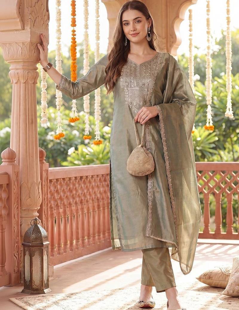Women Ethnic Motifs Embroidered Regular Thread Work Liva Kurta with Trousers & With Dupatta