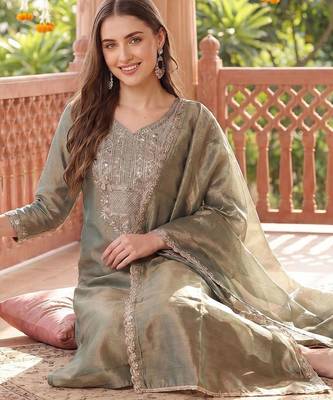 Women Ethnic Motifs Embroidered Regular Thread Work Liva Kurta with Trousers & With Dupatta 5