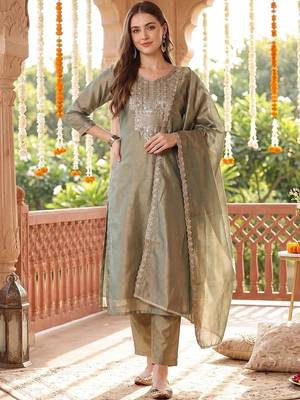 Women Ethnic Motifs Embroidered Regular Thread Work Liva Kurta with Trousers & With Dupatta 6
