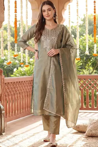 Women Ethnic Motifs Embroidered Regular Thread Work Liva Kurta with Trousers & With Dupatta