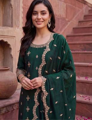 Women Ethnic Motifs Embroidered Regular Kurta with Trousers & With Dupatta 2