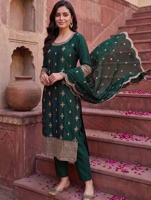 Women Ethnic Motifs Embroidered Regular Kurta with Trousers & With Dupatta 3
