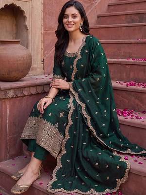 Women Ethnic Motifs Embroidered Regular Kurta with Trousers & With Dupatta 5
