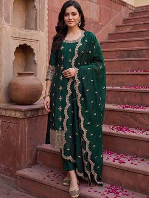 Women Ethnic Motifs Embroidered Regular Kurta with Trousers & With Dupatta 6