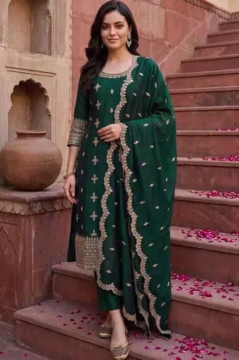 Women Ethnic Motifs Embroidered Regular Kurta with Trousers & With Dupatta