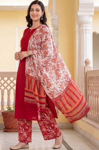 Women Floral Regular Pure Cotton Kurta with Palazzos & With Dupatta