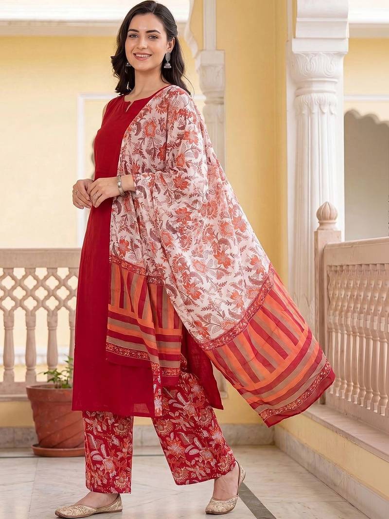 Women Floral Regular Pure Cotton Kurta with Palazzos & With Dupatta