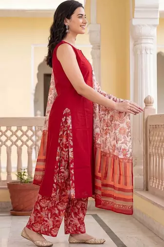 Women Floral Regular Pure Cotton Kurta with Palazzos & With Dupatta