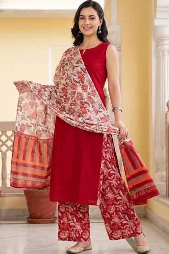Women Floral Regular Pure Cotton Kurta with Palazzos & With Dupatta