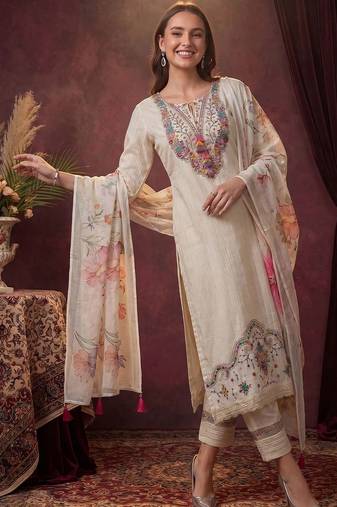 Women Ethnic Motifs Regular Thread Work Pure Cotton Kurta with Trousers & With Dupatta