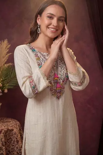 Women Ethnic Motifs Regular Thread Work Pure Cotton Kurta with Trousers & With Dupatta