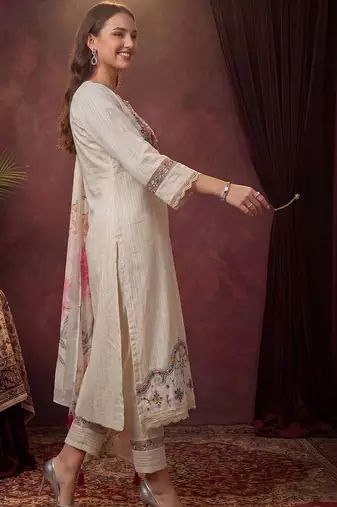 Women Ethnic Motifs Regular Thread Work Pure Cotton Kurta with Trousers & With Dupatta