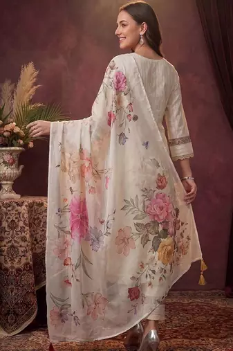 Women Ethnic Motifs Regular Thread Work Pure Cotton Kurta with Trousers & With Dupatta