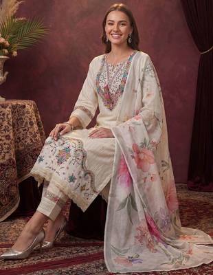 Women Ethnic Motifs Regular Thread Work Pure Cotton Kurta with Trousers & With Dupatta 5
