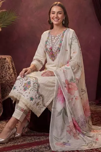 Women Ethnic Motifs Regular Thread Work Pure Cotton Kurta with Trousers & With Dupatta