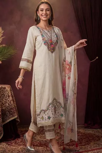 Women Ethnic Motifs Regular Thread Work Pure Cotton Kurta with Trousers & With Dupatta