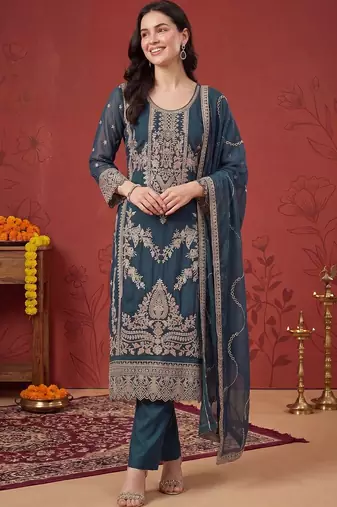 Women Ethnic Motifs Embroidered Regular Thread Work Kurta with Trousers & With Dupatta