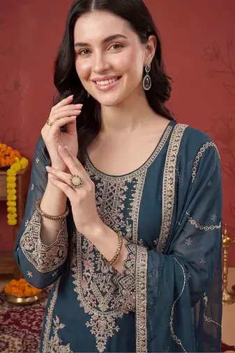 Women Ethnic Motifs Embroidered Regular Thread Work Kurta with Trousers & With Dupatta