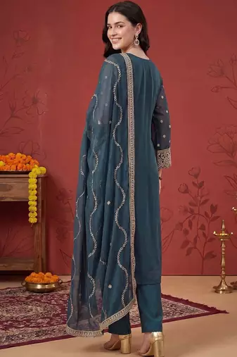 Women Ethnic Motifs Embroidered Regular Thread Work Kurta with Trousers & With Dupatta