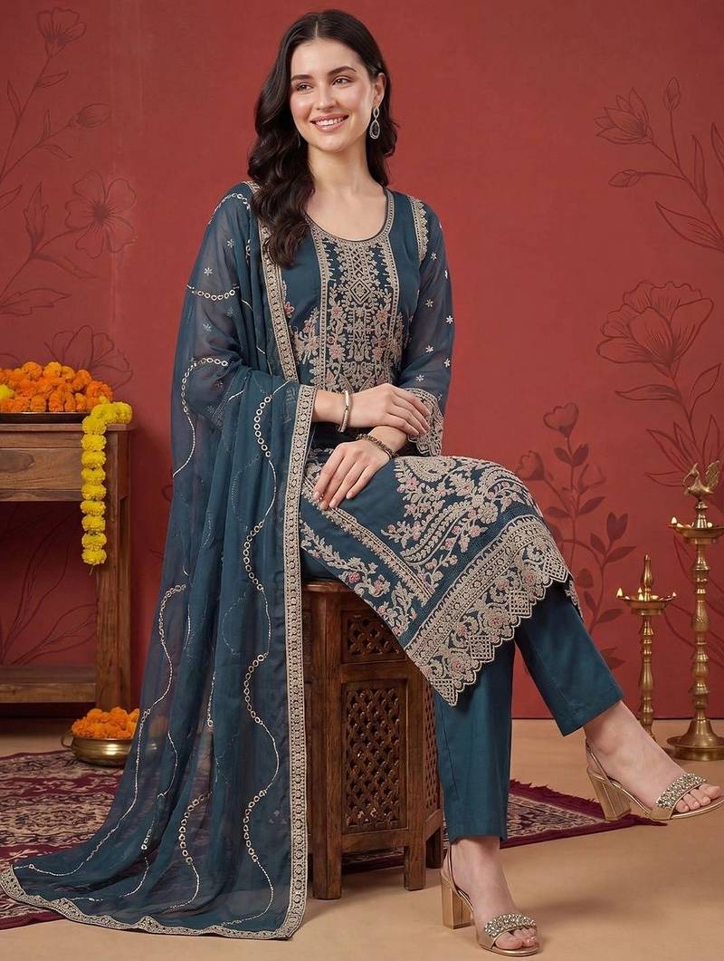 Women Ethnic Motifs Embroidered Regular Thread Work Kurta with Trousers & With Dupatta