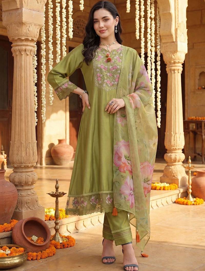 Women Floral Embroidered Regular Thread Work Liva Kurta with Trousers & With Dupatta