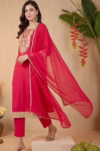 Women Ethnic Motifs Embroidered Regular Kurta with Trousers & With Dupatta