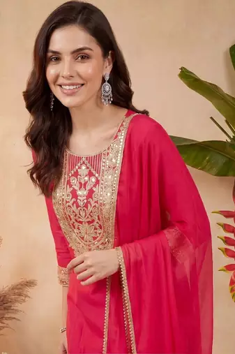 Women Ethnic Motifs Embroidered Regular Kurta with Trousers & With Dupatta