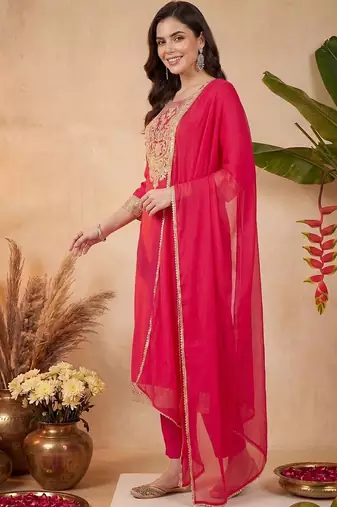 Women Ethnic Motifs Embroidered Regular Kurta with Trousers & With Dupatta