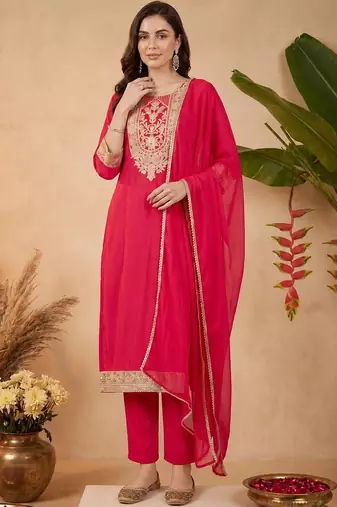 Women Ethnic Motifs Embroidered Regular Kurta with Trousers & With Dupatta