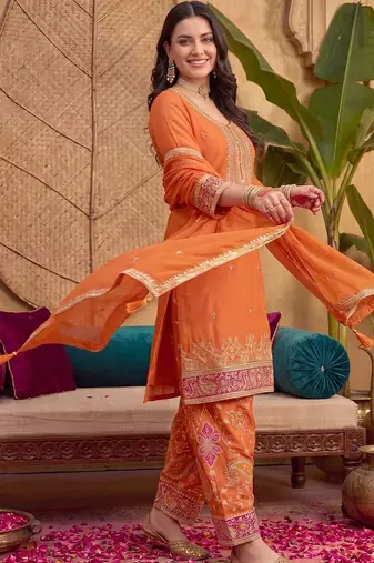 Women Ethnic Motifs Embroidered Regular Sequinned Kurta with Patiala & With Dupatta